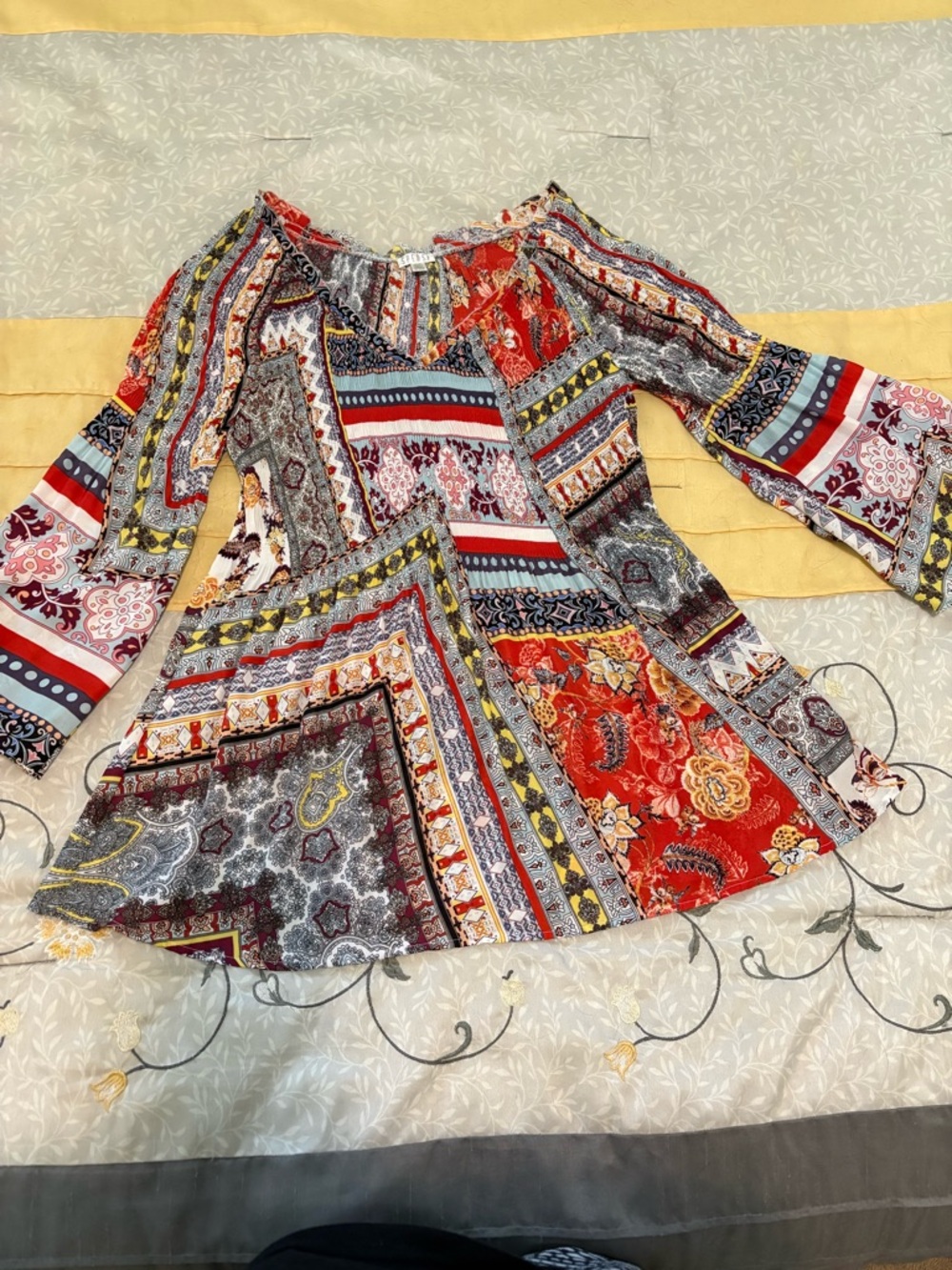Spense Multicolor Patchwork Boho Tunic - Red, Yellow, Blue, Gray